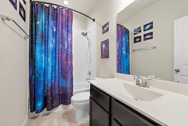 full bathroom with vanity, shower / bath combination with curtain, and toilet