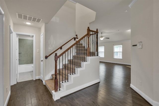 stairs with ceiling fan and wood-type flooring