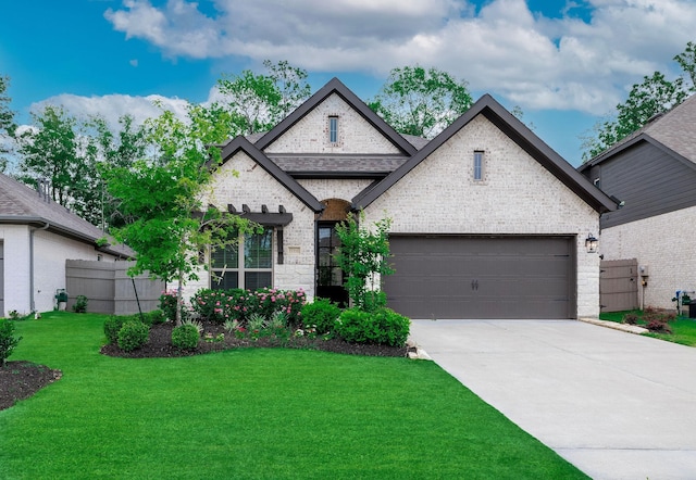 french country style house featuring a garage and a front lawn