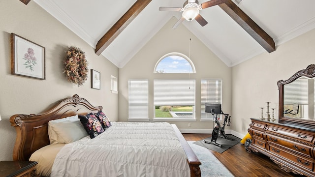 bedroom featuring beamed ceiling, wood-type flooring, high vaulted ceiling, and ceiling fan