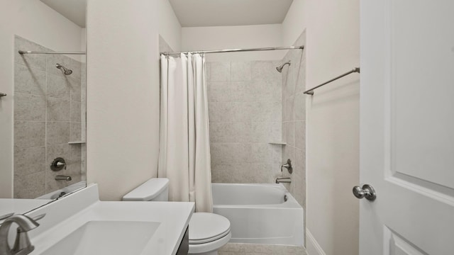 full bathroom with shower / tub combo, vanity, tile patterned flooring, and toilet