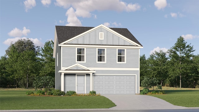 view of front of property with a garage and a front lawn