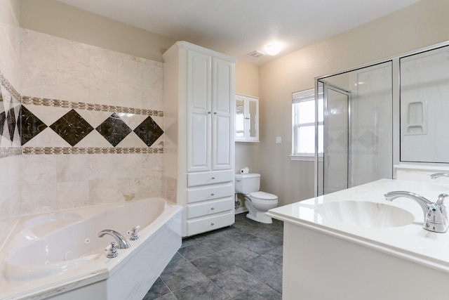 full bathroom with vanity, toilet, and shower with separate bathtub