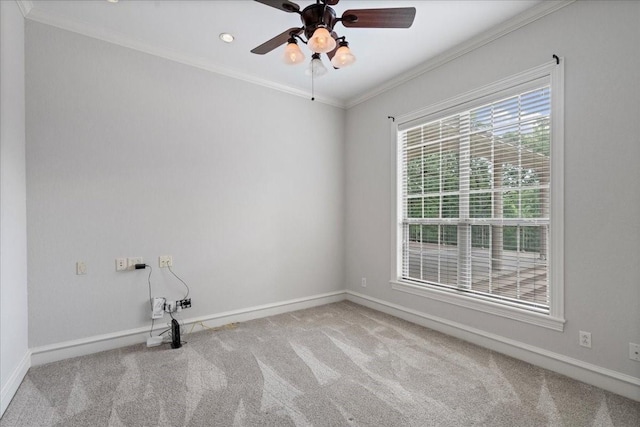 unfurnished room featuring ceiling fan, carpet floors, and ornamental molding