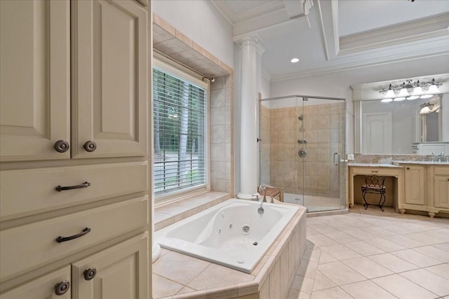 bathroom featuring tile patterned floors, vanity, separate shower and tub, and crown molding