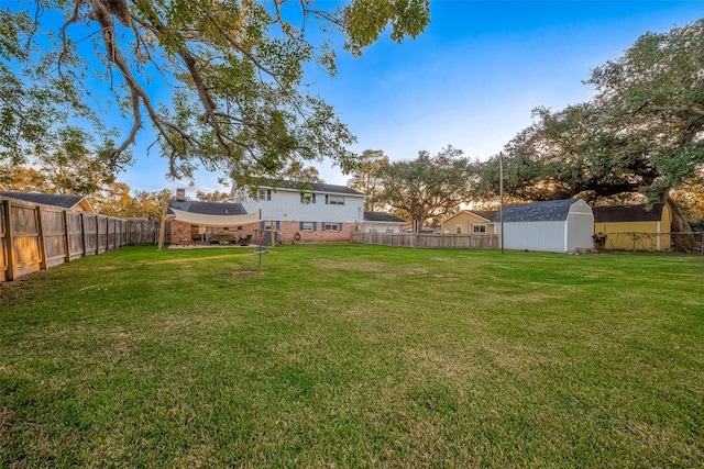 view of yard featuring a storage shed