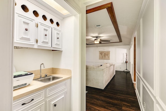 kitchen with white cabinets, dark hardwood / wood-style flooring, ceiling fan, and sink