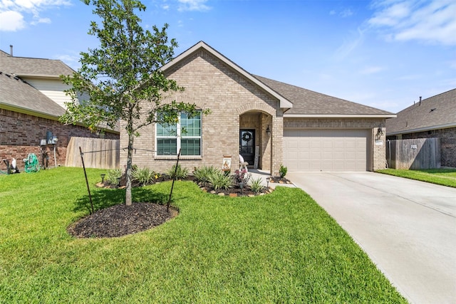 view of front of property featuring a front yard and a garage