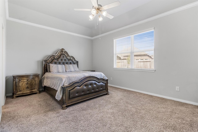 bedroom featuring carpet, ceiling fan, and ornamental molding