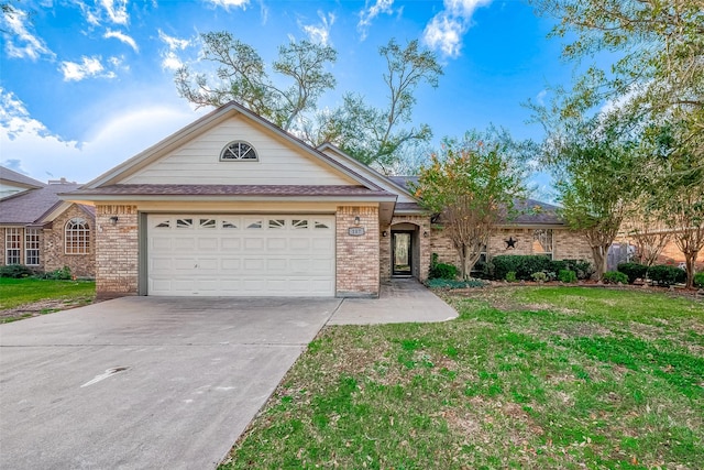 ranch-style house with a garage and a front yard