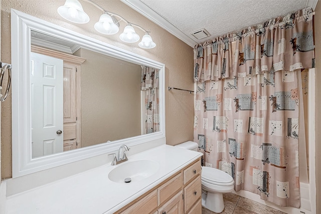 bathroom with toilet, tile patterned flooring, a textured ceiling, crown molding, and vanity