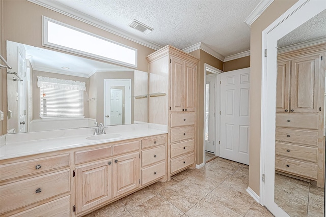 bathroom with plenty of natural light, a textured ceiling, vanity, and ornamental molding