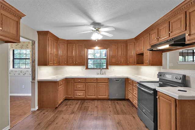 kitchen with electric range, dishwasher, ceiling fan, sink, and light wood-type flooring