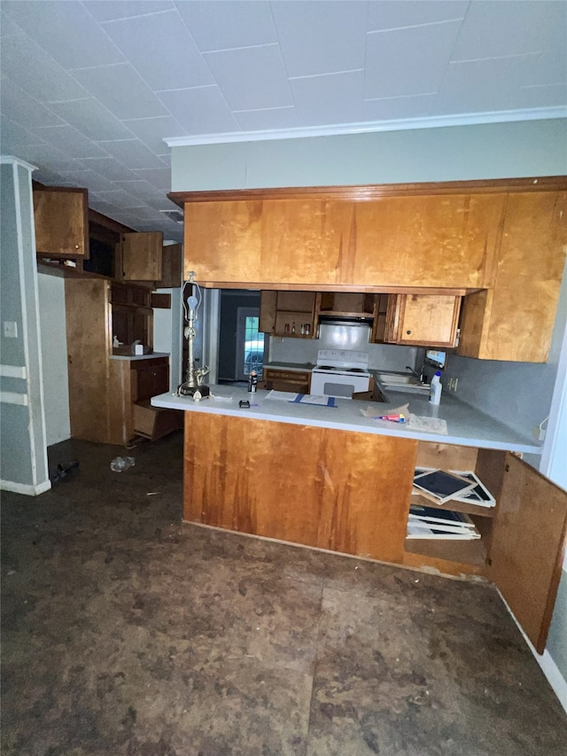 903 US Highway 190 W, Jasper, TX 75951 - kitchen featuring electric range, brown cabinets, a peninsula, wall chimney range hood, and a sink