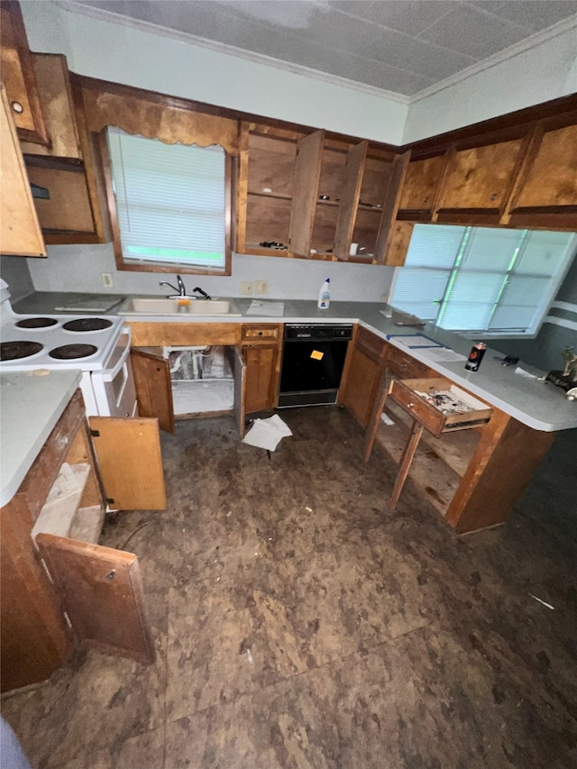 903 US Highway 190 W, Jasper, TX 75951 - kitchen featuring a sink, white electric range, brown cabinets, crown molding, and light countertops