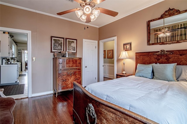 bedroom with ceiling fan, crown molding, and dark wood-type flooring