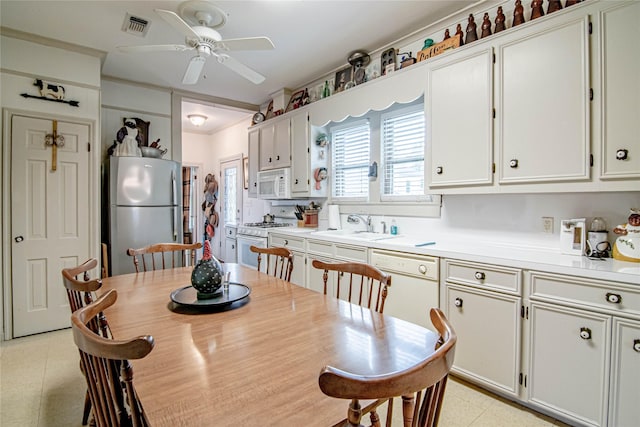 kitchen featuring ceiling fan, white cabinetry, white appliances, and sink