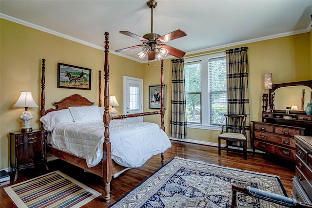 bedroom featuring ceiling fan, dark hardwood / wood-style flooring, and ornamental molding