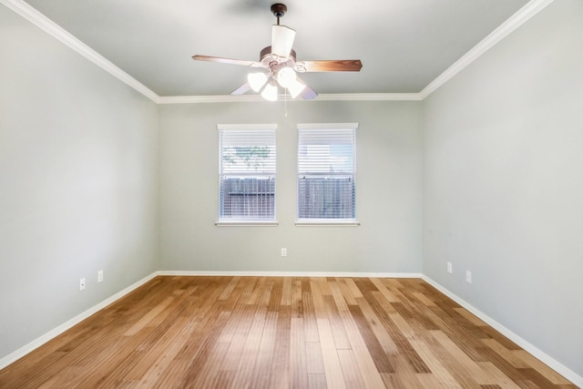 empty room with light wood-type flooring, ceiling fan, and ornamental molding