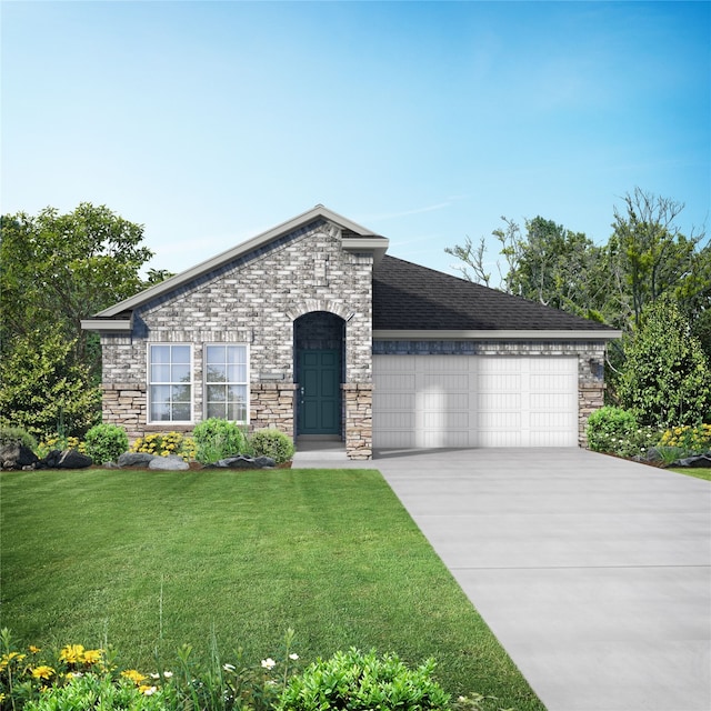 view of front of property with a front yard and a garage