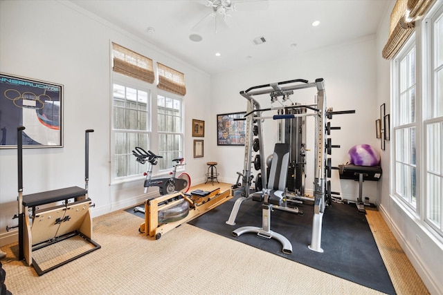 exercise room featuring ceiling fan, plenty of natural light, carpet, and ornamental molding