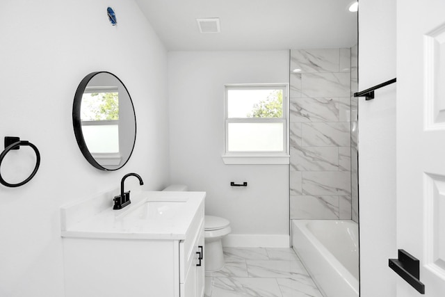 full bathroom featuring vanity, toilet, and  shower combination