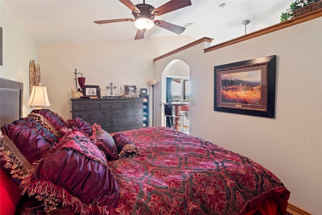 bedroom featuring ceiling fan and vaulted ceiling