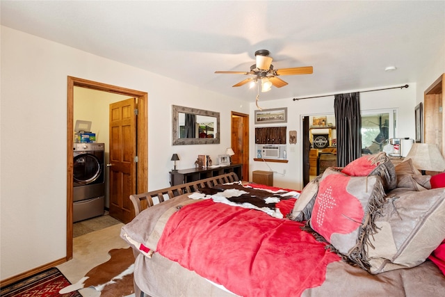 bedroom with washer / dryer, light colored carpet, ceiling fan, and cooling unit