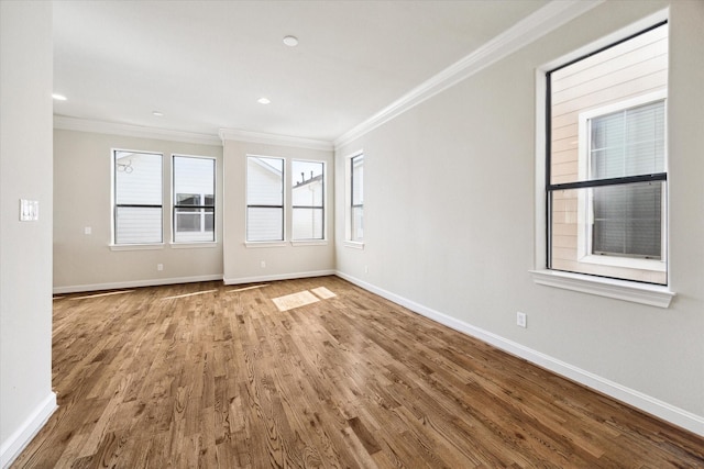 spare room with wood-type flooring and crown molding