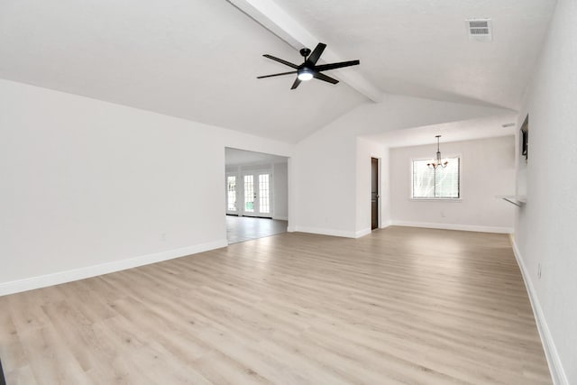 unfurnished living room with vaulted ceiling with beams, ceiling fan with notable chandelier, and light hardwood / wood-style flooring