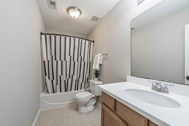 full bathroom with vanity, toilet, and shower / tub combo with curtain