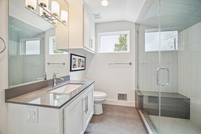 bathroom featuring plenty of natural light, a shower with shower door, and vaulted ceiling