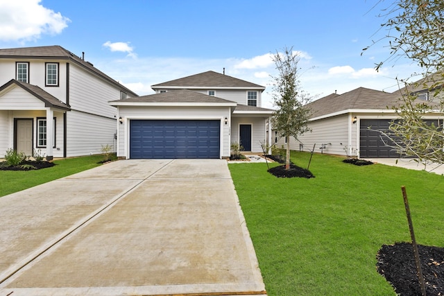 front facade featuring a front yard and a garage