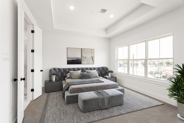 carpeted bedroom featuring a tray ceiling