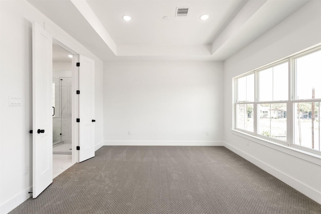 unfurnished room with a tray ceiling and carpet