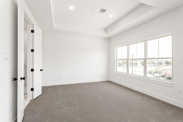 carpeted empty room with a raised ceiling