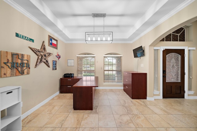 office area with an inviting chandelier, a raised ceiling, and ornamental molding