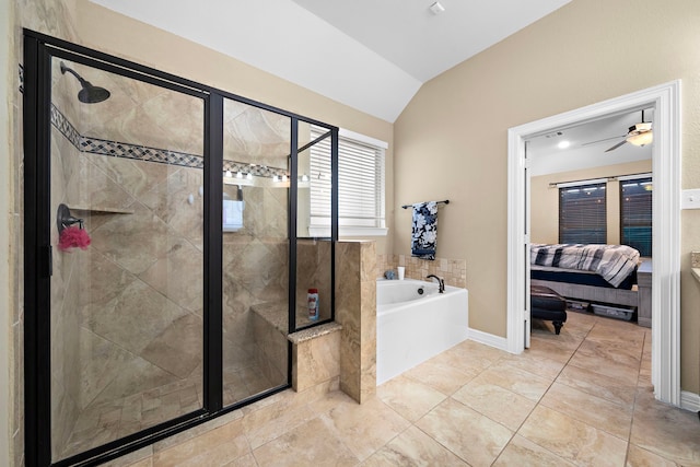 bathroom featuring tile patterned flooring, separate shower and tub, ceiling fan, and lofted ceiling