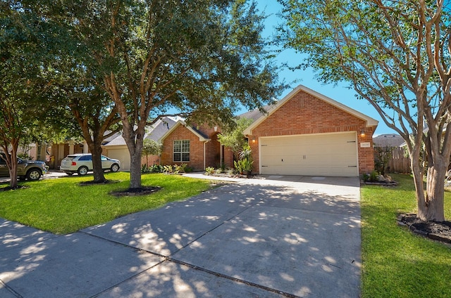 single story home with a front yard and a garage