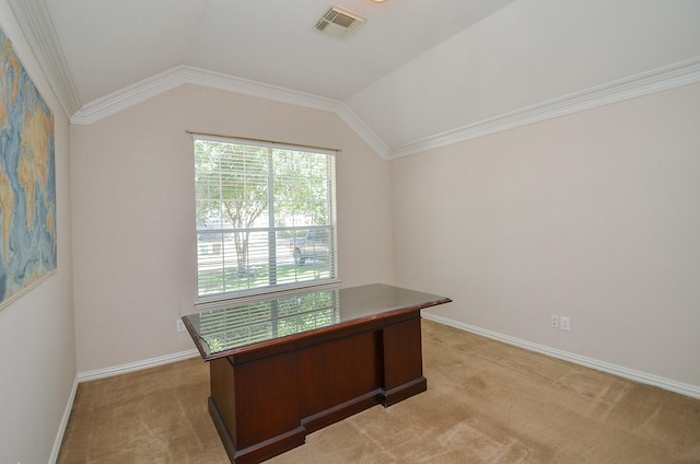 unfurnished office with crown molding, lofted ceiling, and light carpet