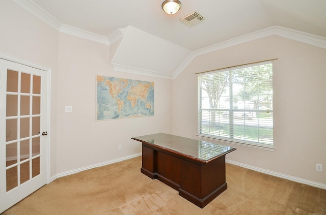 office space with carpet floors, ornamental molding, and vaulted ceiling