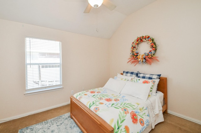 bedroom featuring carpet flooring, ceiling fan, and lofted ceiling