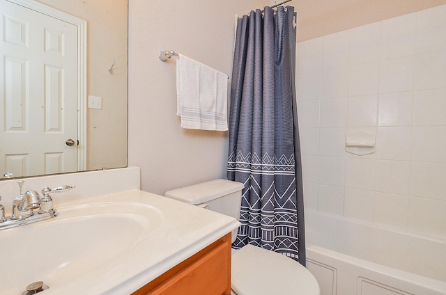 full bathroom with toilet, vanity, and shower / tub combo with curtain