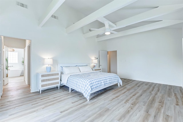 bedroom with beam ceiling, ceiling fan, light hardwood / wood-style flooring, and high vaulted ceiling