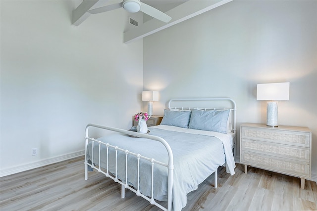 bedroom featuring ceiling fan and light wood-type flooring