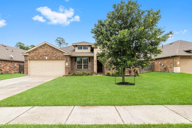 view of front of property with a front lawn and a garage