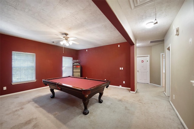 playroom featuring ceiling fan, light colored carpet, a textured ceiling, and billiards