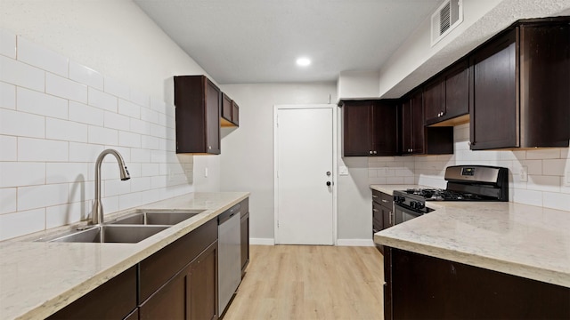 kitchen featuring backsplash, stainless steel appliances, light hardwood / wood-style floors, and sink