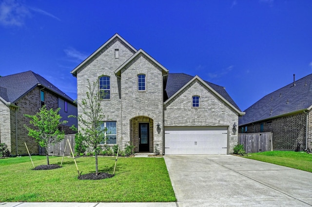 french country inspired facade featuring a garage and a front lawn