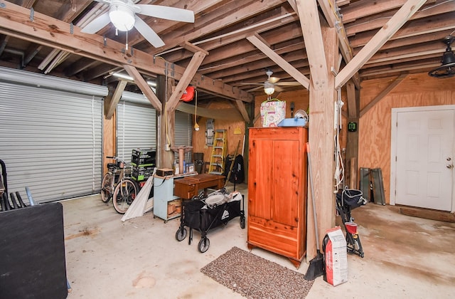 interior space featuring a workshop area and ceiling fan